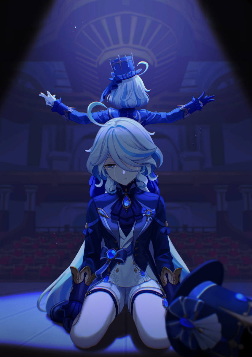 2girls, 39_iduki, absurdres, ahoge, arms_up, ascot, asymmetrical_gloves, blue_ascot