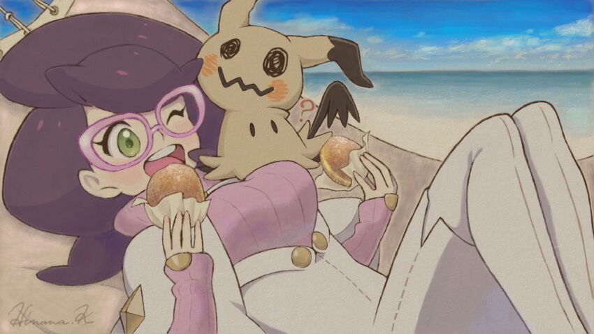 1girl, beach, big_hair, breasts, buttons, capelet, coat, gen_7_pokemon