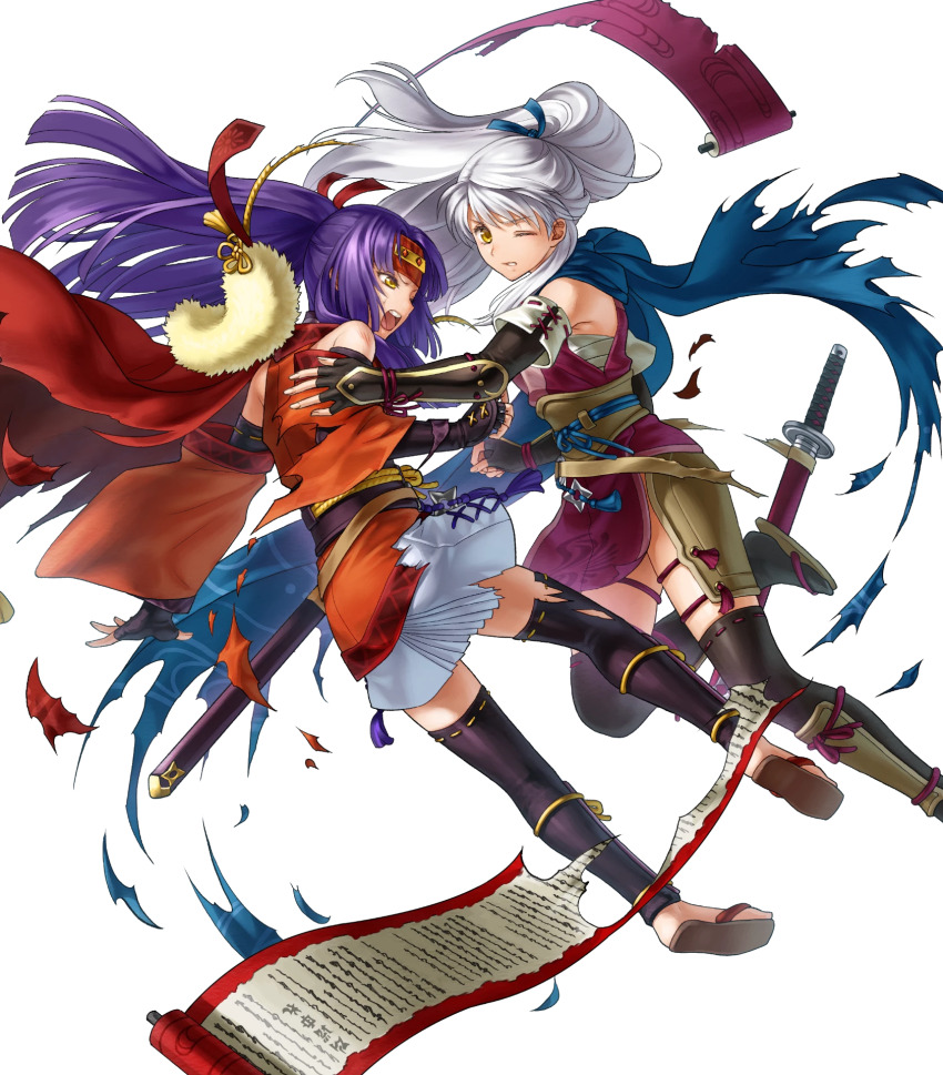 2girls, arm_guards, black_gloves, black_thighhighs, damaged, fingerless_gloves, fire_emblem, fire_emblem:_radiant_dawn