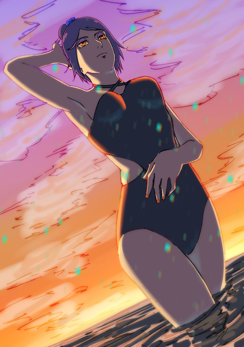1girl, arm_behind_head, black_one-piece_swimsuit, breasts, criss-cross_halter, ebata_kyouhei, expressionless, eyeshadow, frown, hair_bun, halterneck, konan_(naruto), makeup, medium_breasts, naruto_(series), naruto_shippuuden, ocean, one-piece_swimsuit, orange_eyes, orange_sky, purple_eyeshadow, purple_hair, purple_sky, single_hair_bun, sky, solo, swimsuit, wading