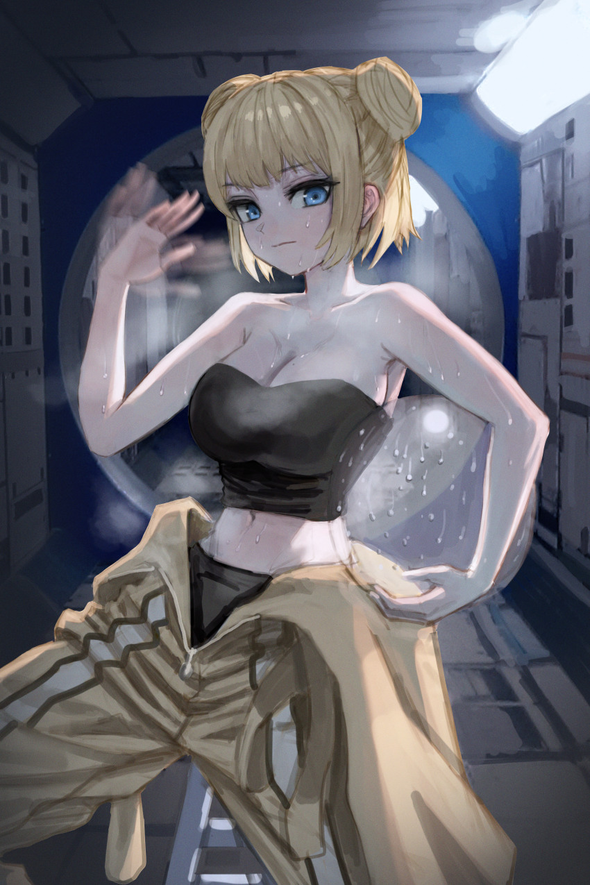 1girl, absurdres, astronaut, bare_arms, bare_shoulders, blonde_hair, blue_eyes, breasts