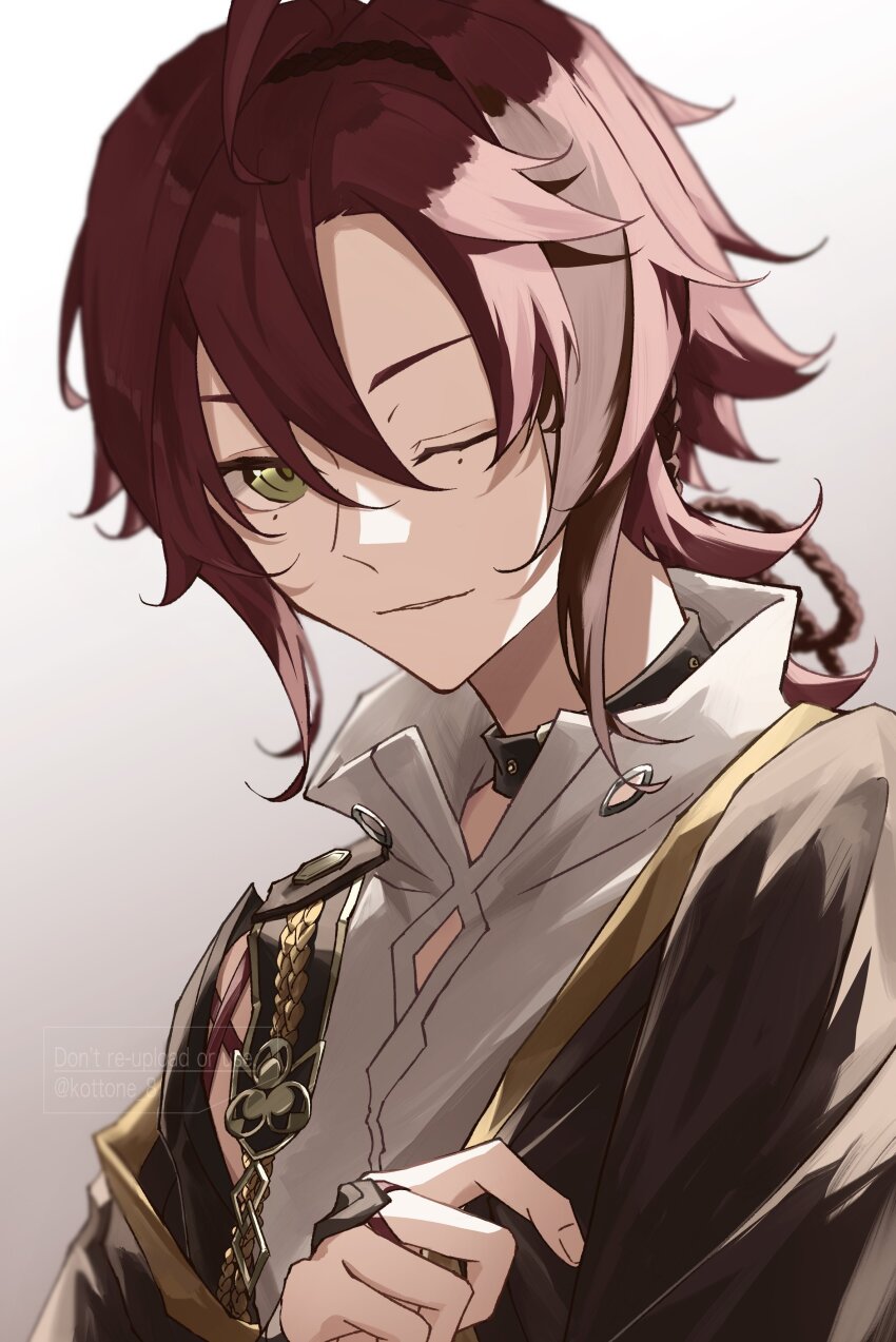 1boy, absurdres, ahoge, bishounen, blurry, brown_hair, choker, collared_shirt