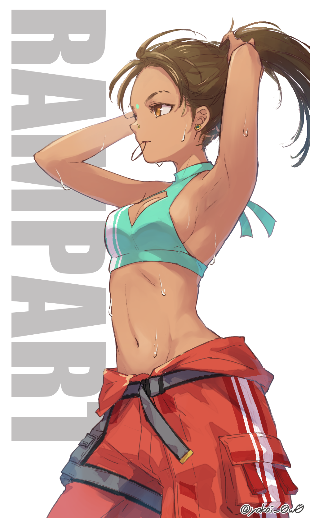 1girl, abs, animification, apex_legends, armpits, arms_up, breasts, brown_hair