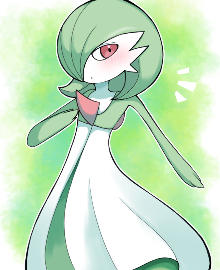 1girl, blush, bob_cut, colored_skin, female_focus, flat_chest, gardevoir, gen_3_pokemon, green_background, green_hair, green_skin, hair_over_one_eye, hand_up, highres, looking_at_viewer, multicolored_skin, nintendo, notice_lines, one_eye_covered, open_mouth, outline, pokemon, pokemon_(creature), r_aruku, red_eyes, short_hair, simple_background, solo, standing, two-tone_skin, white_outline, white_skin