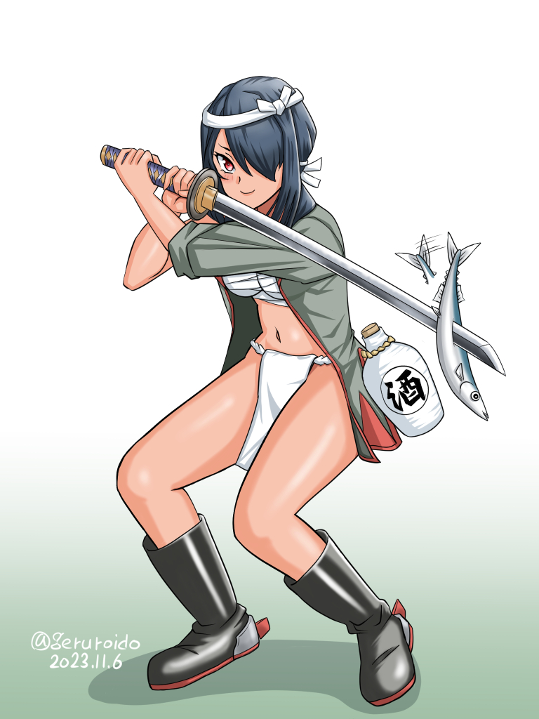 1girl, alcohol, black_boots, black_hair, boots, breasts, dated, full_body