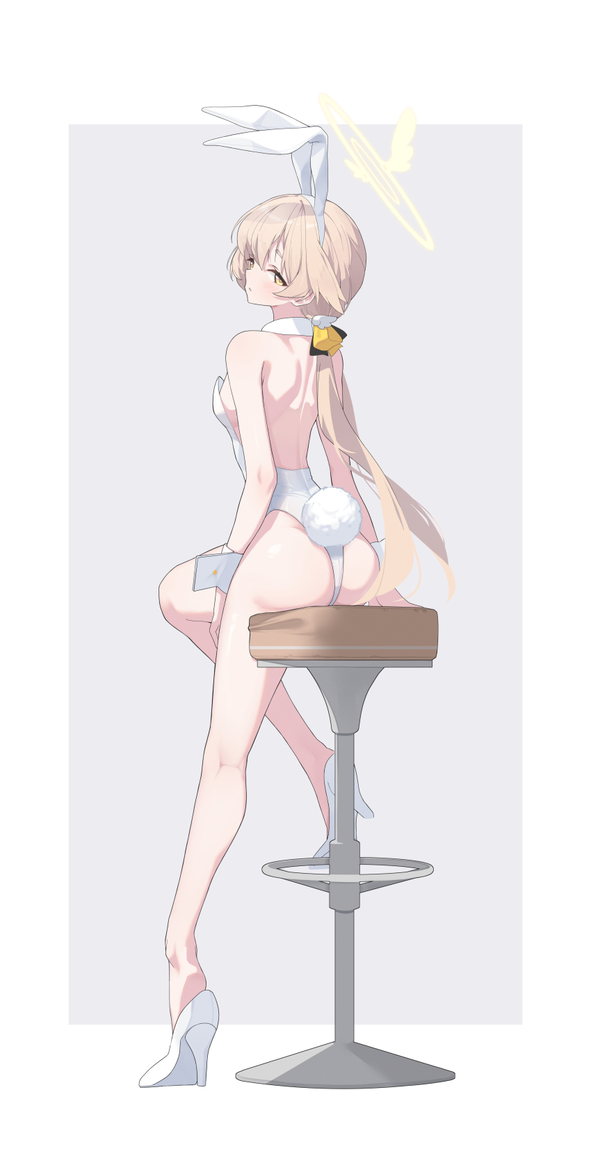 1girl, absurdres, alternate_costume, animal_ears, arume_ad, ass, back, bar_stool, bare_legs, bare_shoulders, blonde_hair, blue_archive, blush, bow, breasts, chair, fake_animal_ears, from_behind, full_body, grey_background, hair_ornament, hair_ribbon, halo, hifumi_(blue_archive), high_heels, highres, kneepits, legs, leotard, long_hair, looking_at_viewer, looking_back, playboy_bunny, rabbit_ears, rabbit_tail, ribbon, shoes, sideboob, simple_background, sitting, small_breasts, solo, stool, tail, thighs, twintails, very_long_hair, white_leotard, white_shoes