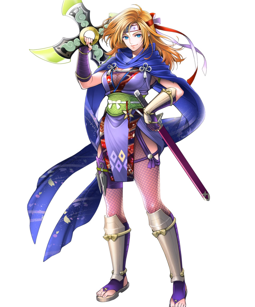 1girl, arm_guards, blonde_hair, blue_eyes, blue_scarf, bodystocking, breasts, cleavage, fire_emblem, fire_emblem:_radiant_dawn, fire_emblem_heroes, fishnet_bodystocking, fishnets, fuuma_shuriken, hand_on_own_hip, heather_(fire_emblem), heather_(ninja)_(fire_emblem), highres, holding, holding_shuriken, holding_weapon, japanese_clothes, large_breasts, long_hair, looking_at_viewer, multiple_weapons, ninja, nintendo, non-web_source, official_alternate_costume, official_art, pelvic_curtain, sandals, scarf, shin_guards, shuriken, smile, solo, weapon, zouri