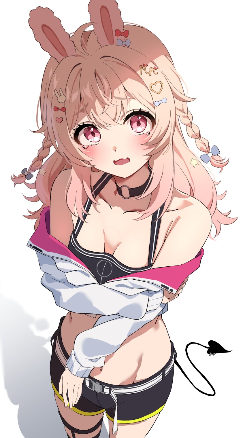 1girl, absurdres, ahoge, animal_ears, black_shorts, blue_bow, blush, bow, braid, breasts, choker, commission, cosplay, hair_bow, hair_ornament, heart, heart_hair_ornament, highres, hololive, jacket, long_hair, long_sleeves, looking_at_viewer, nao_(naoooo_a), o-ring, o-ring_choker, off_shoulder, open_mouth, phase_connect, pink_eyes, pink_hair, pipkin_pippa, rabbit_ears, rabbit_girl, rabbit_hair_ornament, rabbit_ornament, second-party_source, short_shorts, shorts, small_breasts, solo, star_(symbol), star_hair_ornament, tears, tokoyami_towa, tokoyami_towa_(cosplay), virtual_youtuber, white_jacket