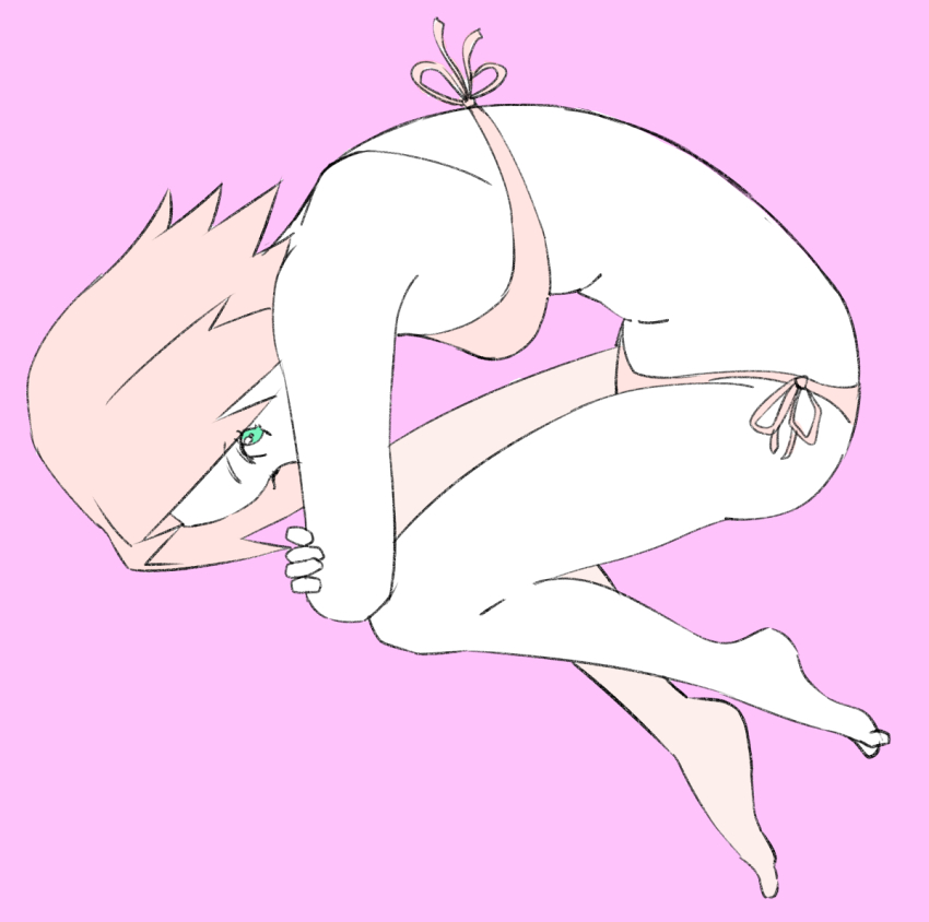 1girl, bikini, breasts, commentary, curled_up, ebata_kyouhei, from_side, full_body