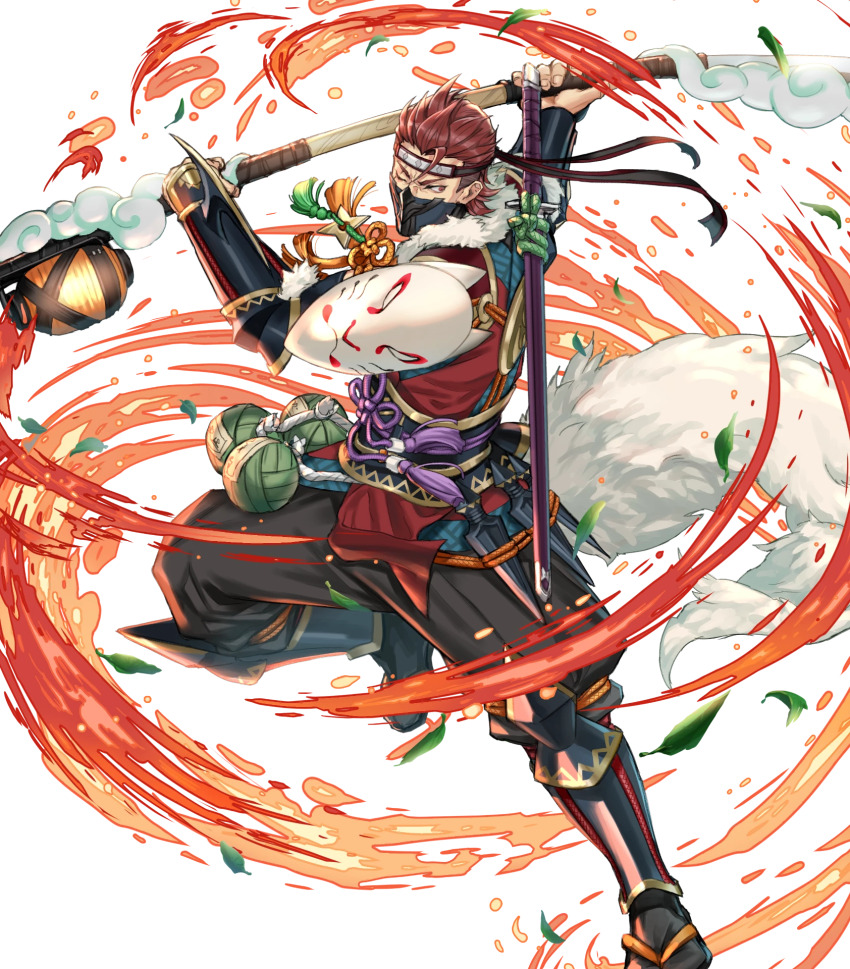 1boy, attack, fire, fire_emblem, fire_emblem_fates, fire_emblem_heroes, flaming_weapon, fox_mask
