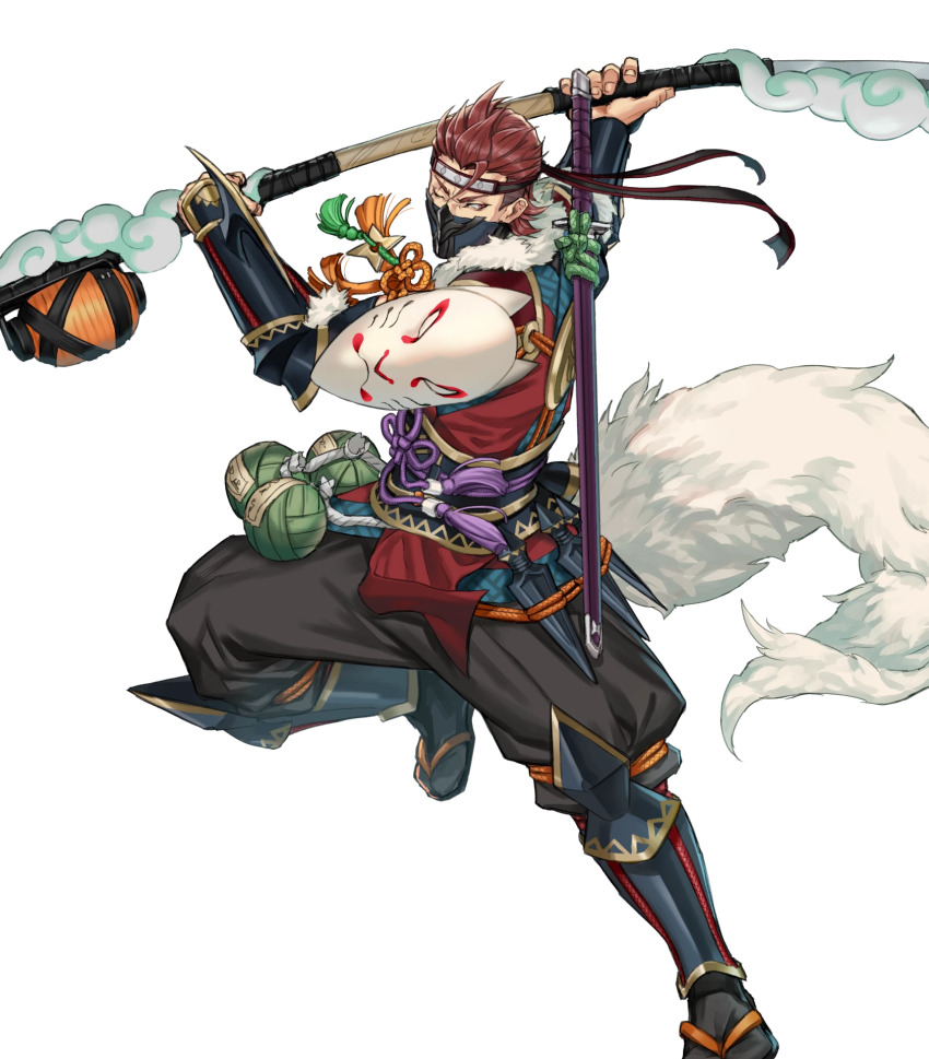 1boy, attack, fire_emblem, fire_emblem_fates, fire_emblem_heroes, fox_mask, headband, highres