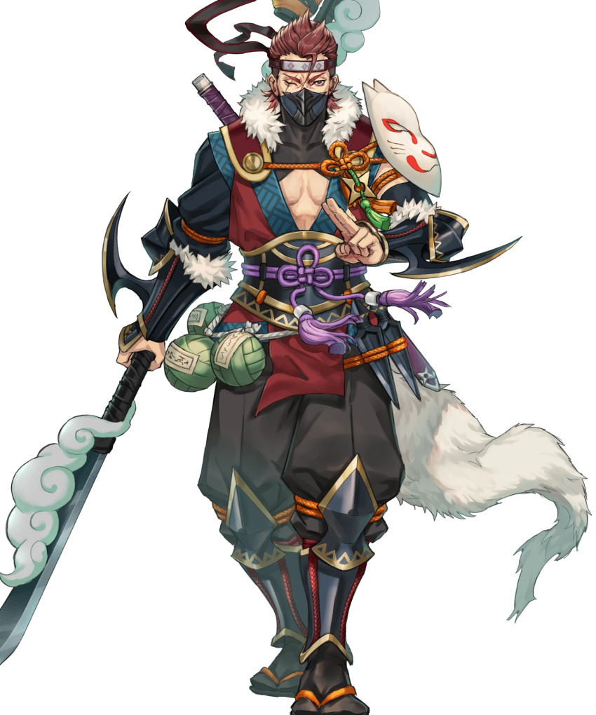 1boy, fire_emblem, fire_emblem_fates, fire_emblem_heroes, fox_mask, headband, highres, holding, holding_polearm, holding_weapon, japanese_clothes, kunai, male_focus, mask, mask_on_shoulder, mouth_mask, ninja, nintendo, non-web_source, official_alternate_costume, official_art, one_eye_closed, pectoral_cleavage, pectorals, polearm, rope, saizo_(fire_emblem), saizo_(ninja)_(fire_emblem), salute, scar, scar_across_eye, scar_on_face, shimenawa, solo, straight-on, tabi, two-finger_salute, v-shaped_eyebrows, weapon
