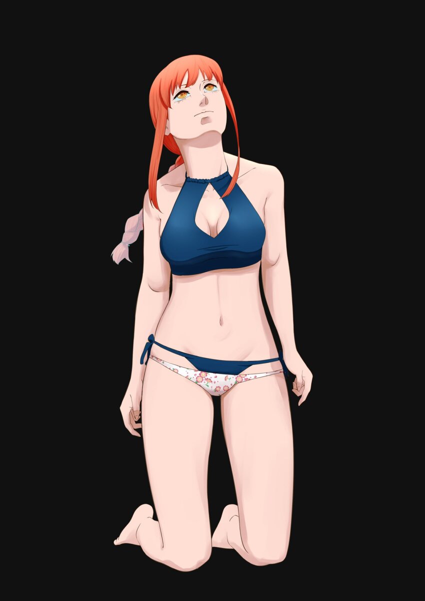 1girl, bikini, black_background, blue_bikini, braid, breasts, chainsaw_man, cleavage