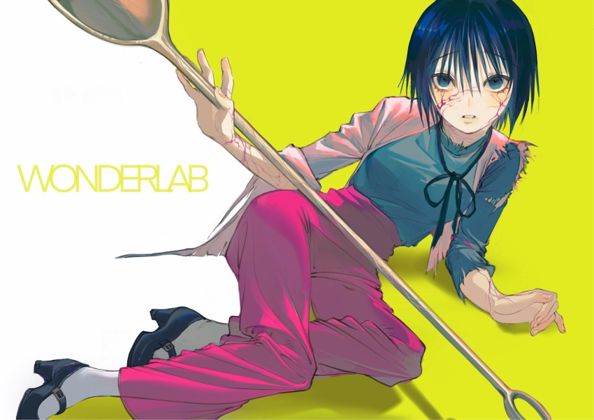 1girl, absurdres, black_ribbon, black_shoes, blue_eyes, blue_hair, blue_shirt, catt_(project_moon)