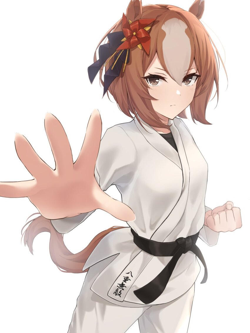 1girl, alternate_costume, animal_ears, ashiminoe, belt, black_belt, breasts, brown_eyes