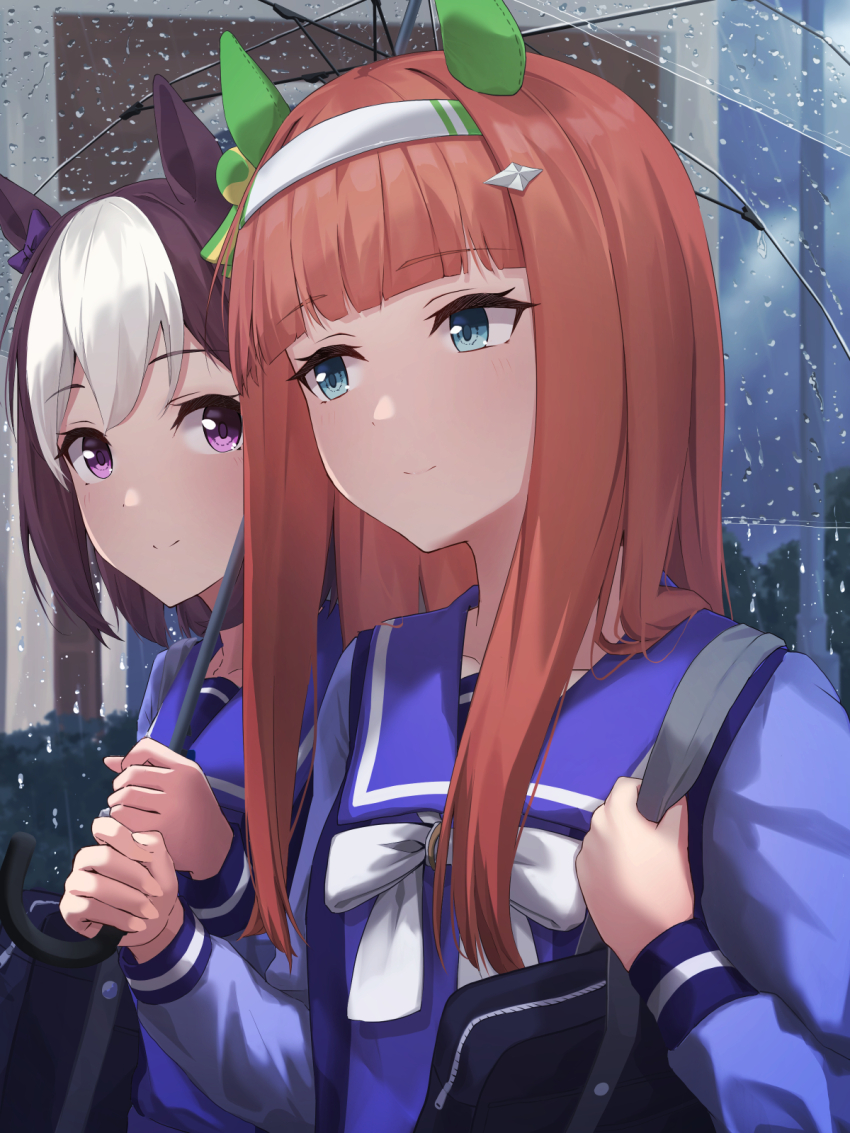 2girls, animal_ears, ashiminoe, bag, blue_bag, blue_eyes, bow, brown_hair