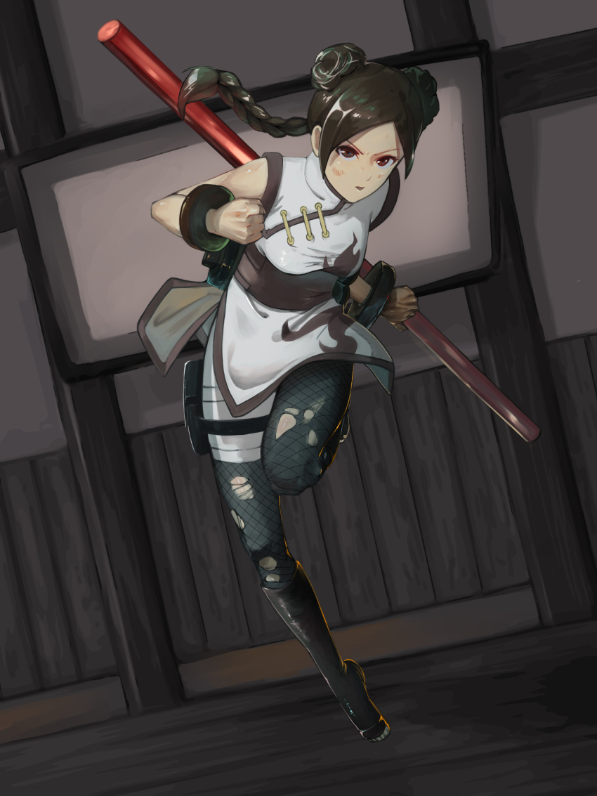 1girl, black_hair, boruto:_naruto_next_generations, bracelet, braid, breasts, brown_eyes, clenched_hand, commentary_request, double_bun, ebata_kyouhei, fishnet_pantyhose, fishnets, full_body, hair_bun, highres, holding, holding_staff, japanese_clothes, jewelry, medium_breasts, naruto_(series), ninja, pantyhose, partial_commentary, single_braid, solo, staff, tenten_(naruto), toeless_footwear, torn_clothes, torn_pantyhose
