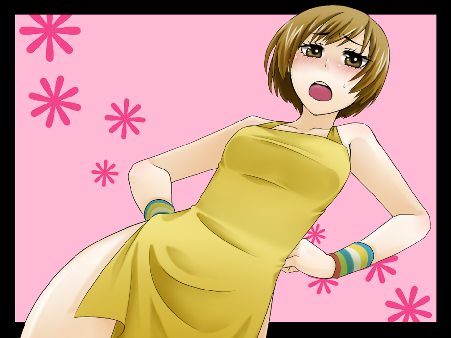 1girl, apron, atlus, blush, brown_eyes, brown_hair, female_focus, naked_apron, persona, persona_4, satonaka_chie, shimizu_kokeshi, short_hair, solo, sweat