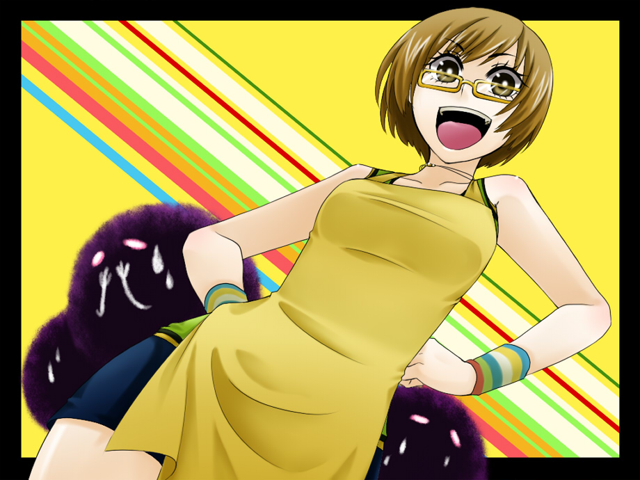 1girl, :d, apron, atlus, brown_eyes, brown_hair, female_focus, glasses, hands_on_own_hips, open_mouth, persona, persona_4, satonaka_chie, shimizu_kokeshi, short_hair, smile, solo, yellow-framed_eyewear