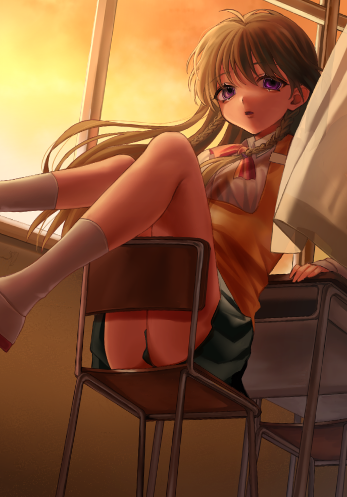 1girl, aegyo_sal, akuyaku_teddy, arm_support, black_skirt, bow, bowtie, braid