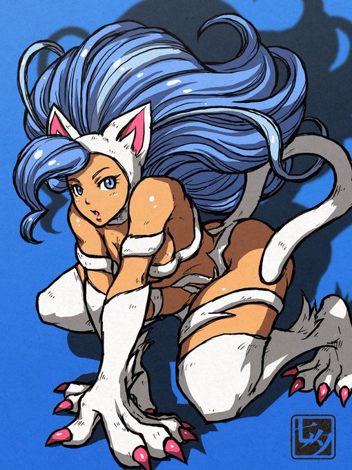 1girl, all_fours, animal_ears, animal_hands, big_hair, blue_background, blue_eyes, blue_hair, breasts, cat_ears, cat_girl, cat_tail, claws, cleavage, commentary_request, drop_shadow, felicia_(darkstalkers), fingernails, full_body, kneeling, long_hair, looking_at_viewer, medium_breasts, parted_lips, partial_commentary, pink_nails, seal_impression, sharp_fingernails, sharp_toenails, simple_background, solo, tail, tan, tanabanata, toenails, darkstalkers, very_long_hair, white_fur, white_tail