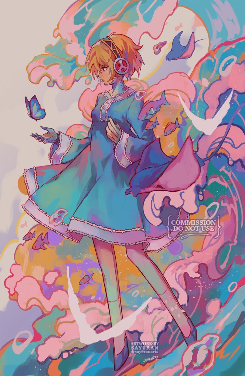 1girl, aigis_(persona), android, blonde_hair, blue_butterfly, blue_dress, blue_eyes, bug