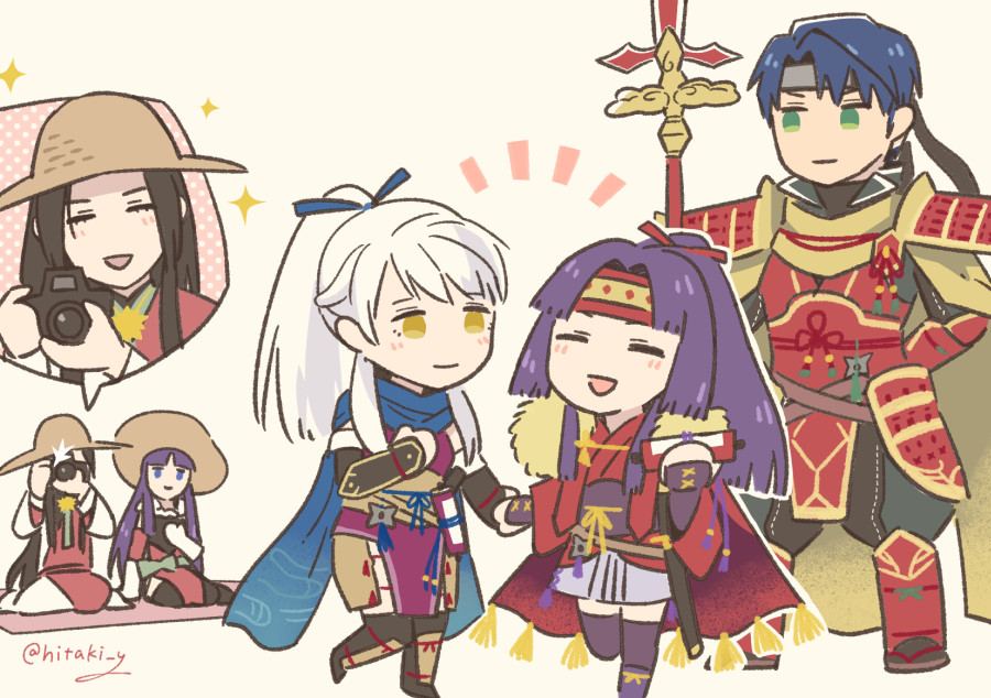 altina_(fire_emblem), armor, artist_name, blue_scarf, camera, chibi, closed_eyes, commentary