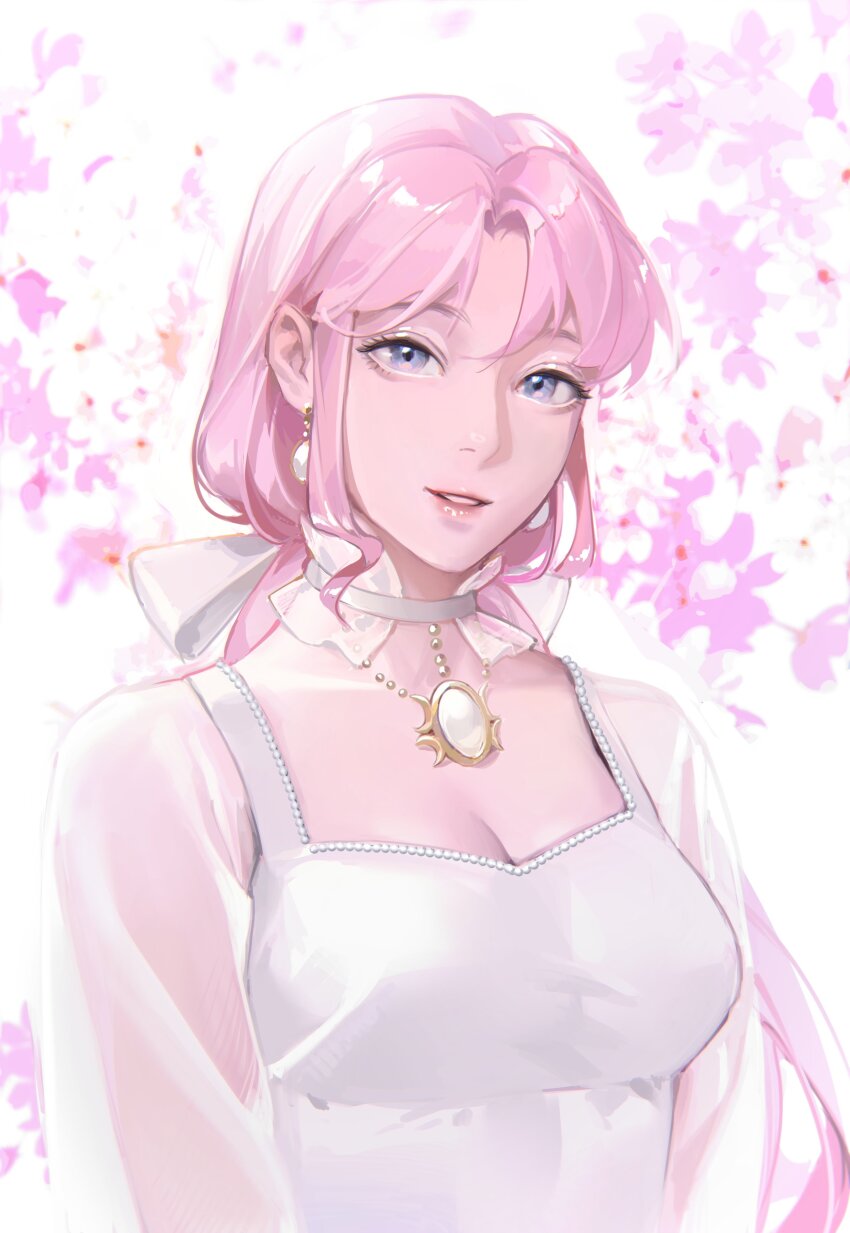 1girl, absurdres, arms_at_sides, blue_eyes, blurry, blurry_background, bow, breasts