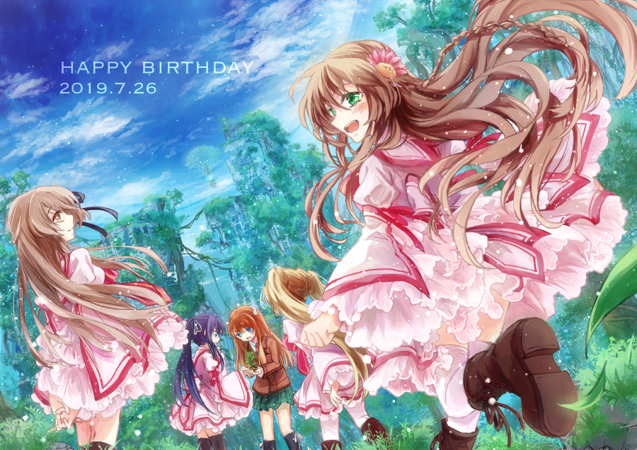 2019, 5girls, :d, black_hair, black_ribbon, black_thighhighs, blonde_hair, blue_eyes