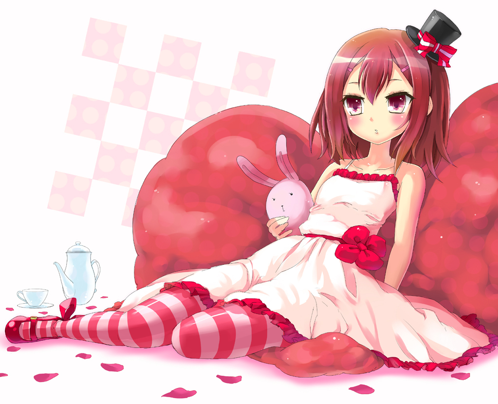 1boy, baka_to_test_to_shoukanjuu, blush, brown_hair, cup, dress, hat, kinoshita_hideyoshi, male_focus, mary_janes, mini_hat, mini_top_hat, owarine_miku, pantyhose, rabbit, red_eyes, red_pantyhose, shoes, short_hair, solo, striped_clothes, striped_pantyhose, stuffed_animal, stuffed_toy, teacup, teapot, top_hat, trap