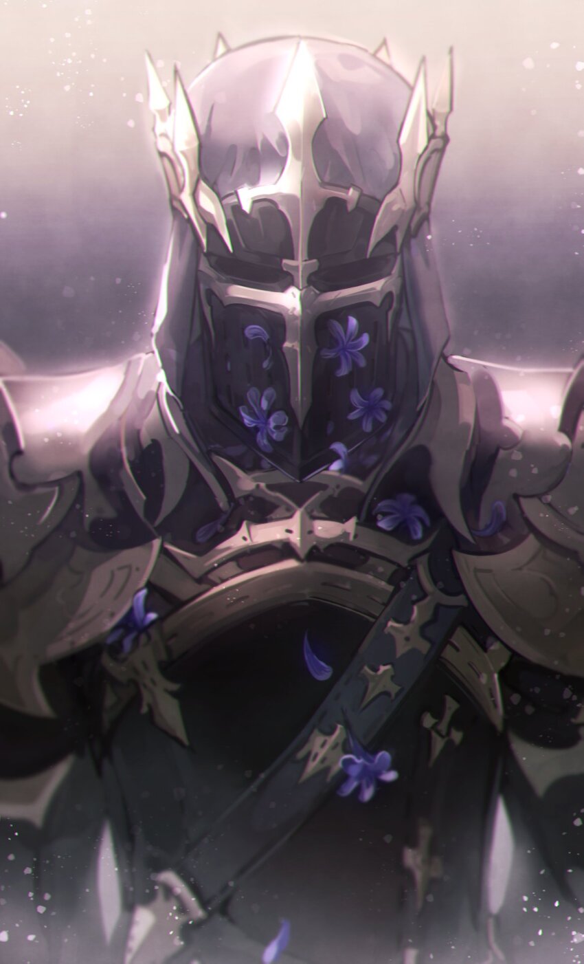 1other, ambiguous_gender, armor, covered_face, dark_knight_(final_fantasy), facing_viewer, falling_petals, final_fantasy