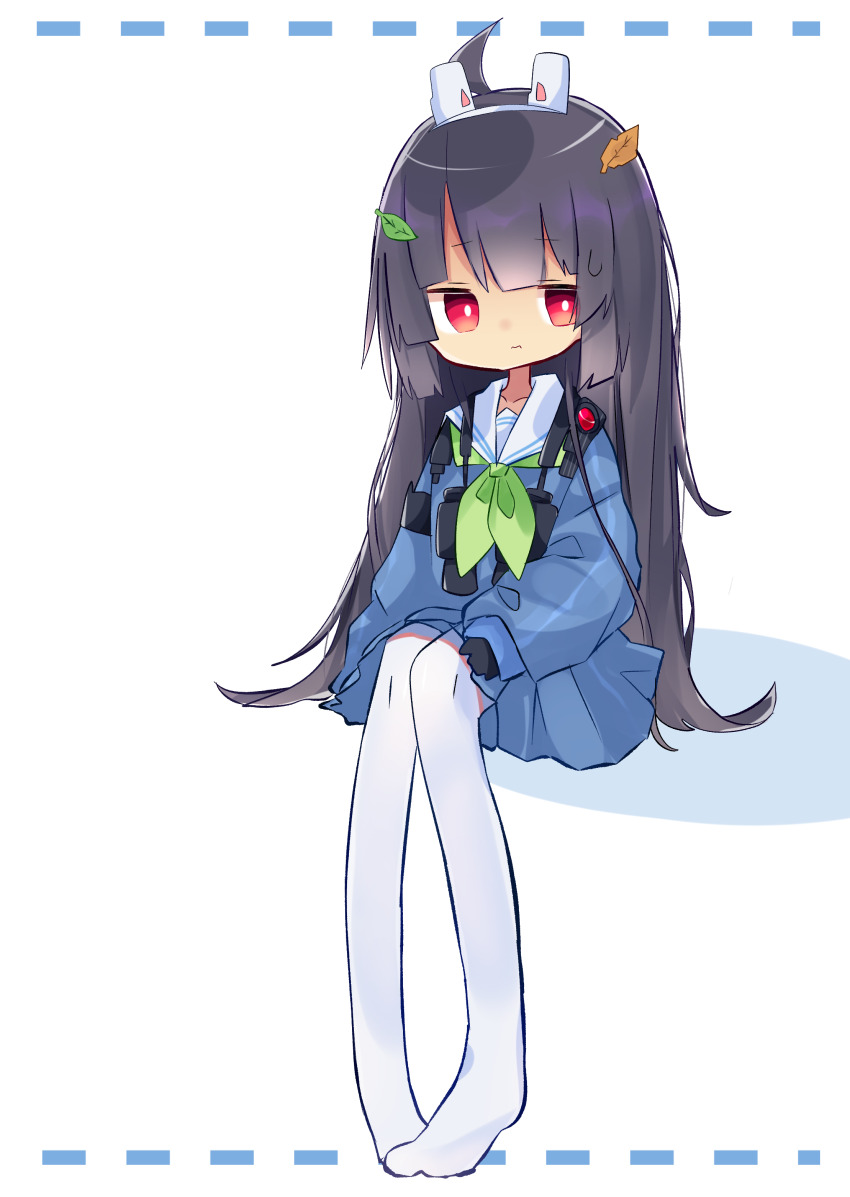 1girl, absurdres, animal_ears, black_hair, blue_archive, blue_shirt, blunt_bangs, blush_stickers, fake_animal_ears, halo, highres, hime_cut, leaf, leaf_on_head, long_hair, long_sleeves, looking_at_viewer, miyu_(blue_archive), nose, pantyhose, sailor_collar, school_uniform, shirt, sitting, skirt, solo, soru_(remonntteumai), straight_hair, very_long_hair