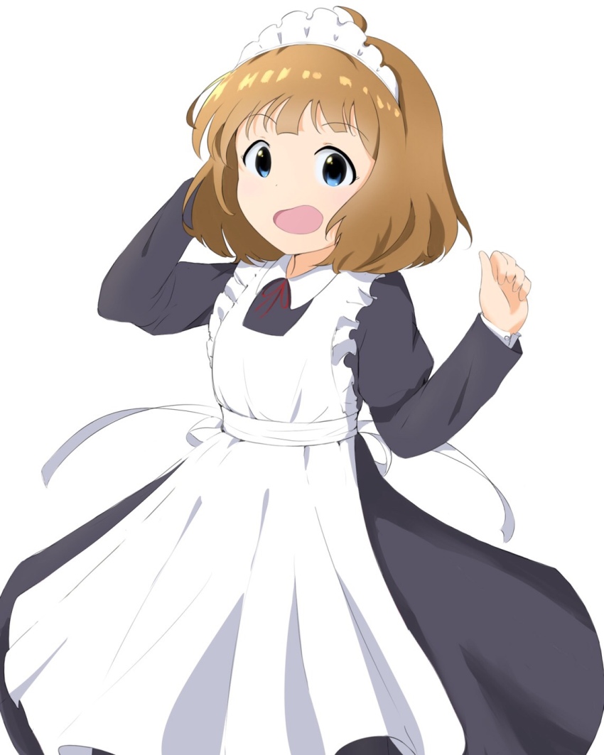 1girl, :o, apron, black_dress, blue_eyes, brown_hair, dress, hands_up, highres, idolmaster, idolmaster_million_live!, long_sleeves, maid_apron, maid_headdress, medium_hair, simple_background, solo, standing, suou_momoko, washamada_(wada), white_background