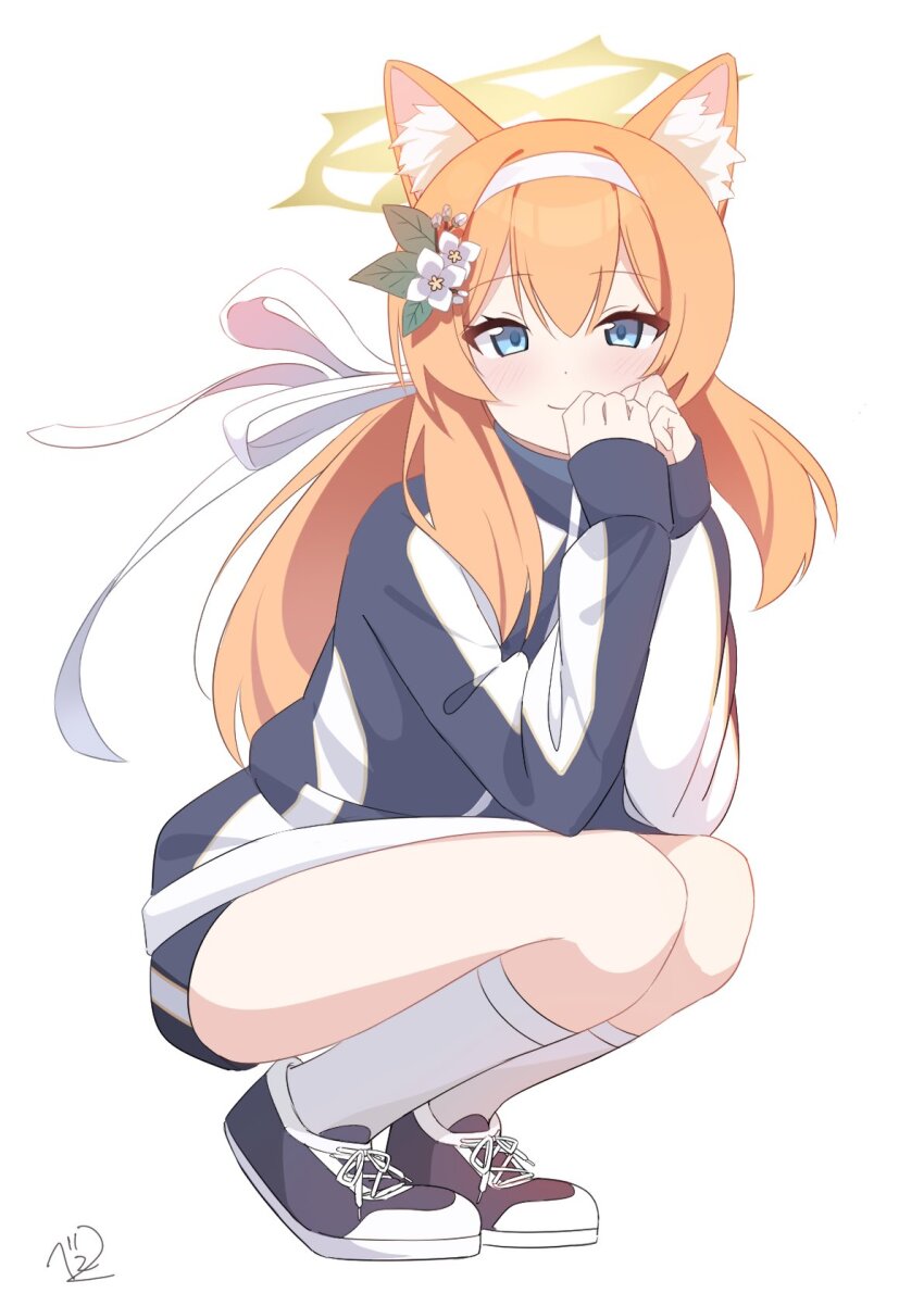 1girl, 7ben9i, animal_ears, blue_archive, blue_eyes, cat_ears, flower, hair_flower
