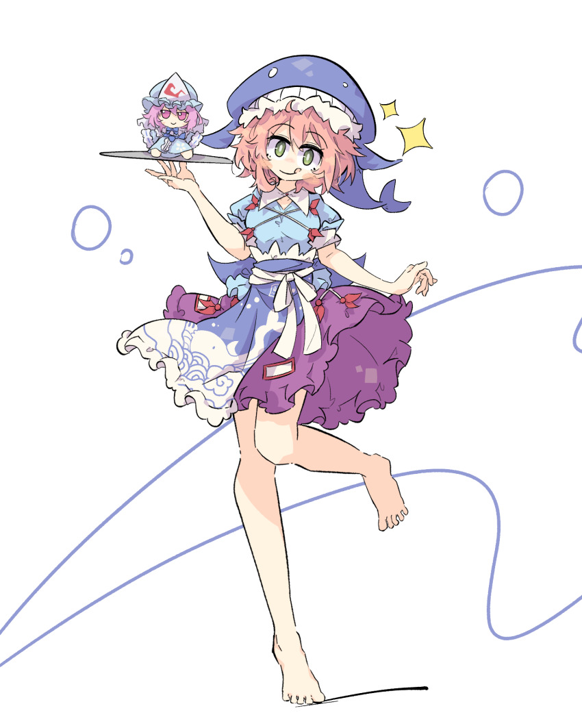 1girl, :p, bare_legs, barefoot, blue_dress, blue_headwear, breasts, brown_hair