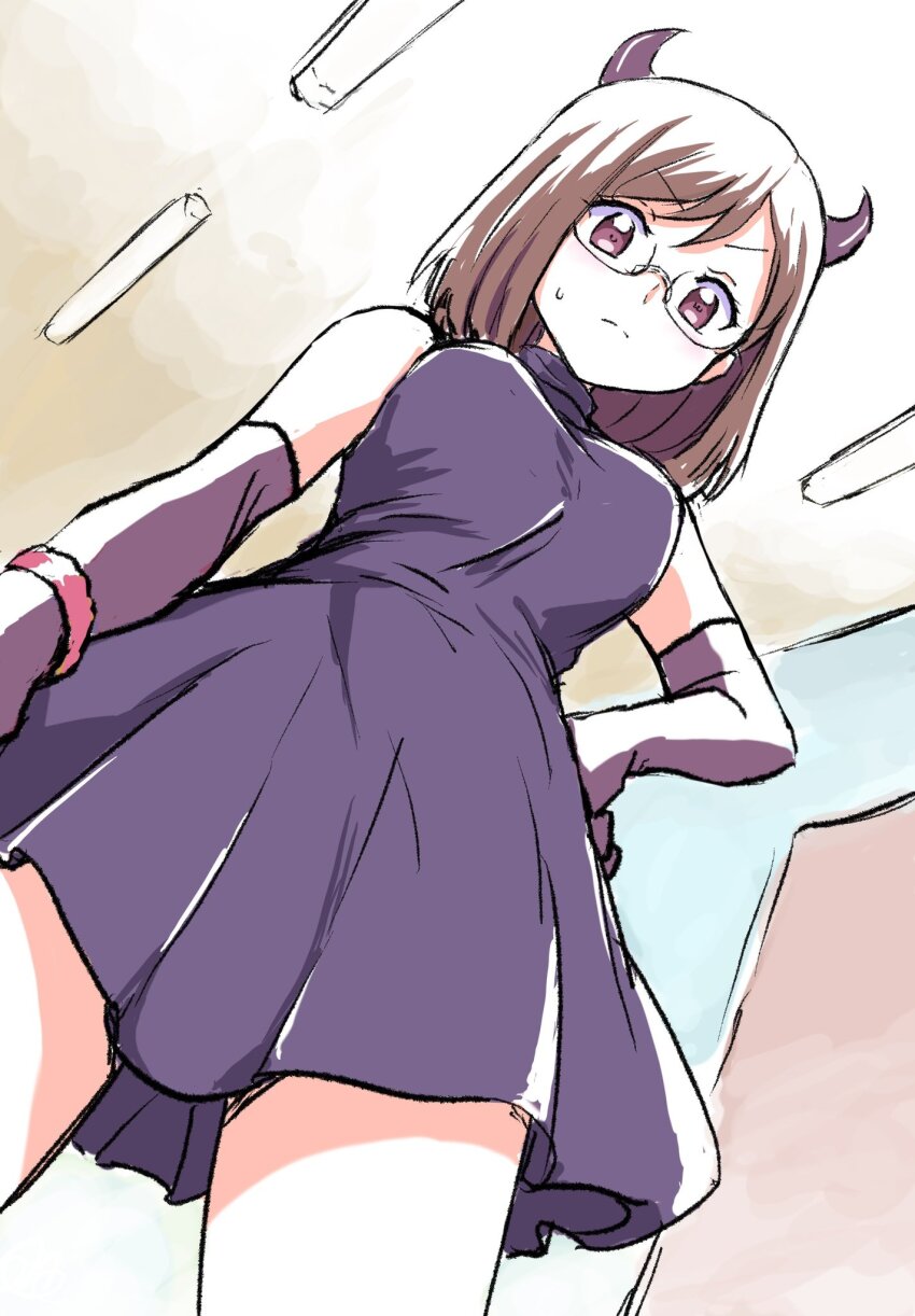 1girl, black_dress, bob_cut, brown_hair, closed_mouth, commentary, demon_horns, dress