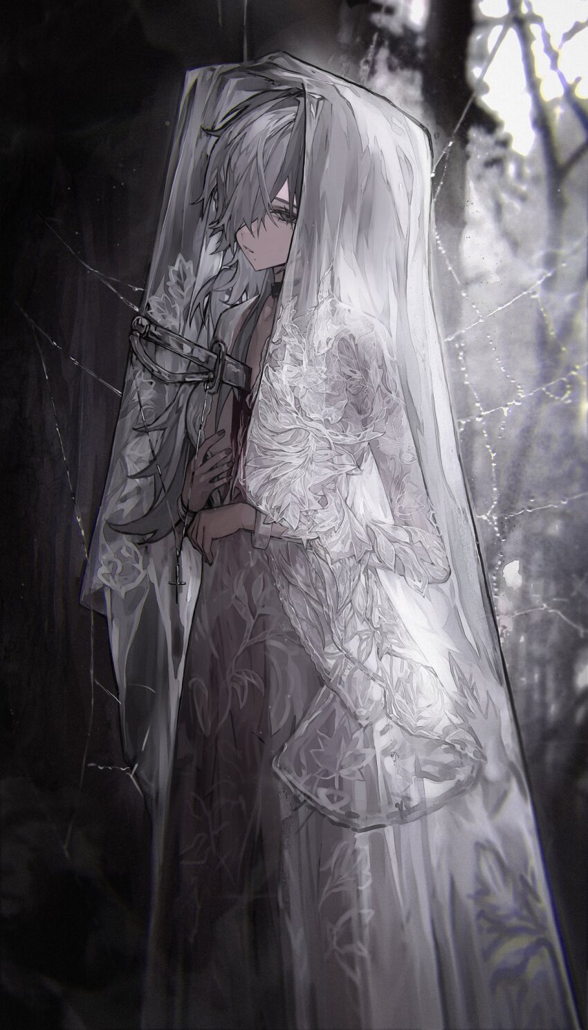 1girl, black_choker, blood, bridal_veil, center_opening, chinese_commentary, choker, commentary_request