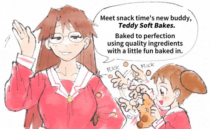 2girls, azumanga_daioh's_school_uniform, azumanga_daiou, brown_eyes, brown_hair, english_text, flick, food, glasses, inkerton-kun, mihama_chiyo, mizuhara_koyomi, multiple_girls, orange_hair, playing_with_food, smile, speech_bubble