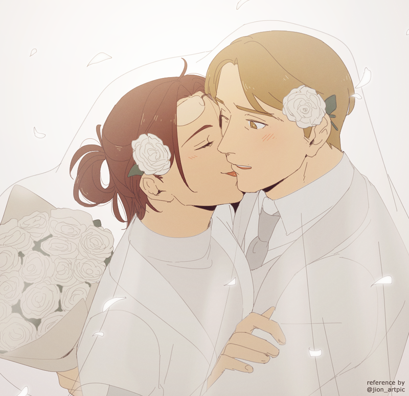 1boy, 1other, bouquet, bridal_veil, brown_eyes, brown_hair, commentary_request, eyewear_on_head