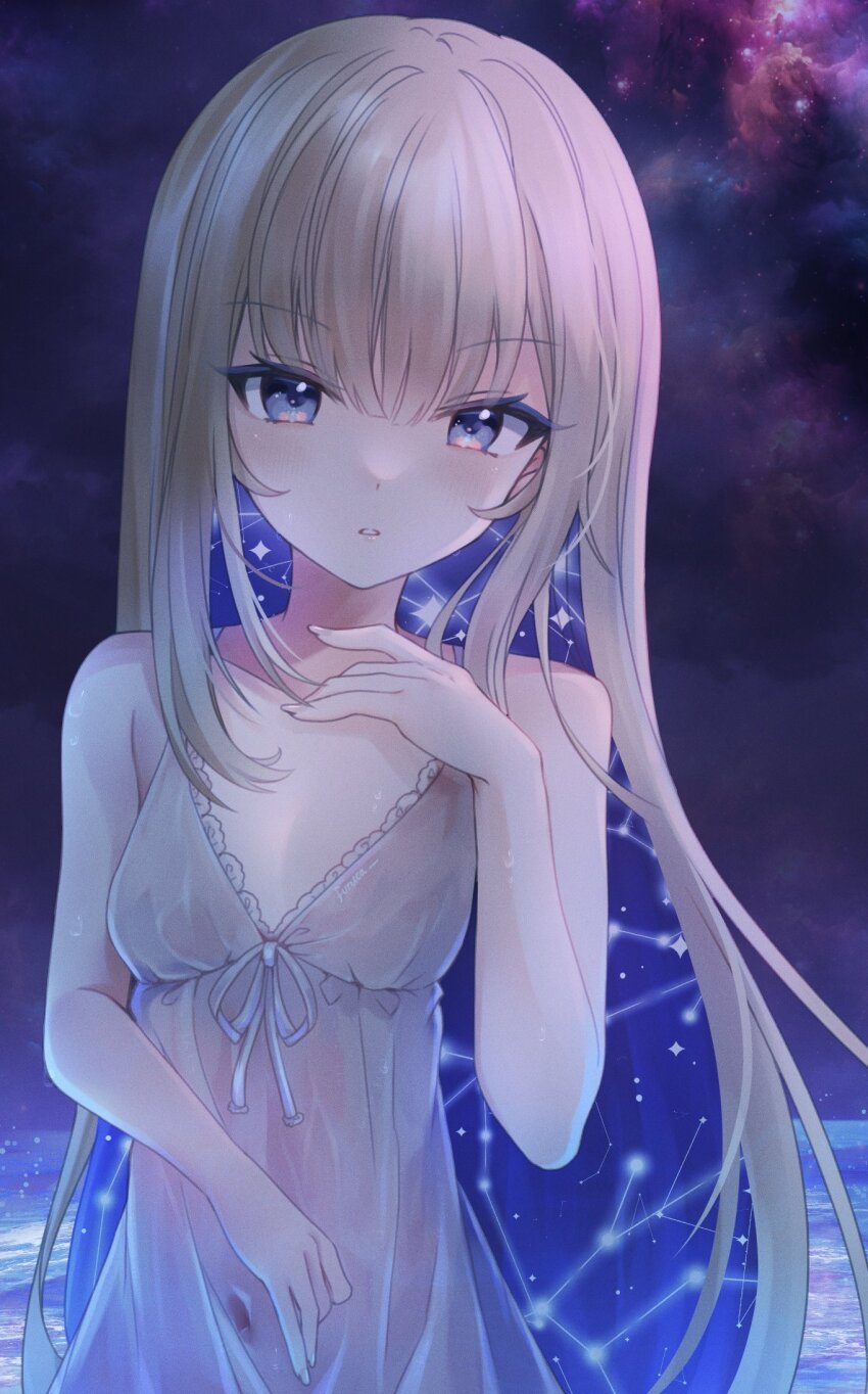 1girl, amanogawa_shiina, blonde_hair, blue_eyes, breasts, constellation, covered_navel, dress