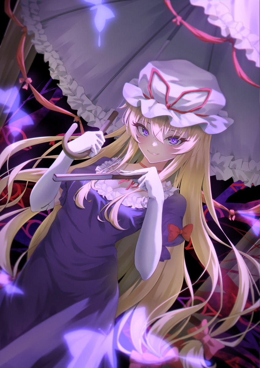 1girl, blonde_hair, blurry, blush, bow, breasts, bug, butterfly