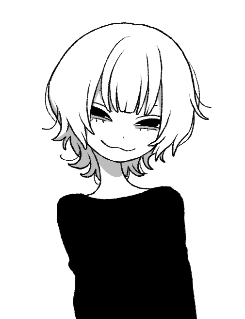 1girl, :3, androgynous, arms_at_sides, black_shirt, blunt_bangs, closed_mouth, dot_nose, female_focus, greyscale, half-closed_eyes, head_tilt, jaggy_lines, long_sleeves, looking_at_viewer, monochrome, naughty_face, original, panda23577667, shirt, short_hair, simple_background, smile, solo, tsurime, upper_body, wavy_mouth, white_background, white_hair, wolf_cut