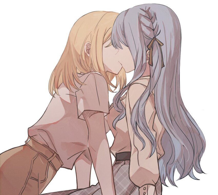 2girls, bang_dream!, bang_dream!_it's_mygo!!!!!, blonde_hair, braid, brown_ribbon, brown_shirt, brown_skirt