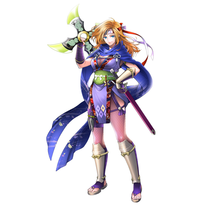 1girl, absurdres, arm_guards, blonde_hair, blue_eyes, blue_scarf, bodystocking, breasts, cleavage, commentary, fire_emblem, fire_emblem:_radiant_dawn, fire_emblem_heroes, fishnet_bodystocking, fishnets, fuuma_shuriken, hand_on_own_hip, heather_(fire_emblem), heather_(ninja)_(fire_emblem), highres, holding, holding_shuriken, holding_weapon, japanese_clothes, large_breasts, long_hair, looking_at_viewer, multiple_weapons, ninja, nintendo, official_alternate_costume, official_art, pelvic_curtain, sandals, scarf, shin_guards, shuriken, smile, solo, toyota_saori, weapon, zouri