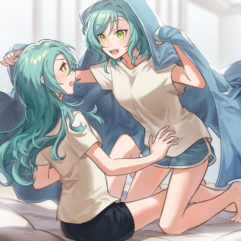 2girls, aqua_hair, bang_dream!, bang_dream!_girls_band_party!, bare_legs, barefoot, bed_sheet, black_shorts