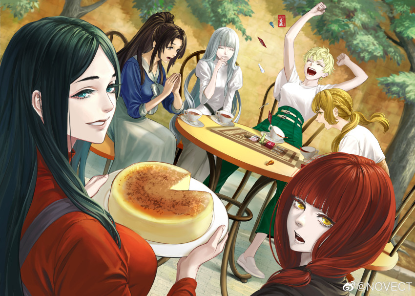 6+girls, :d, absurdres, albino, black_hair, blonde_hair, blunt_bangs, board_game