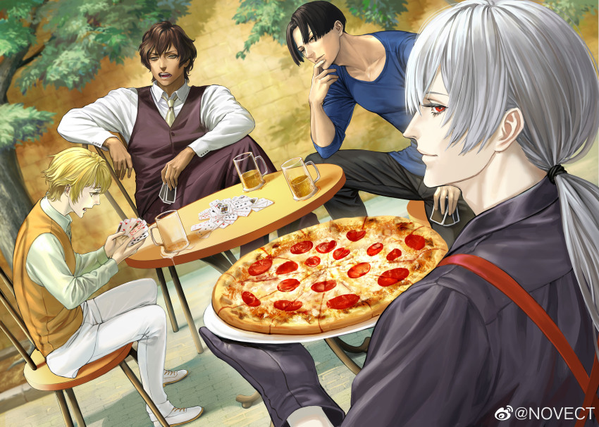 4boys, absurdres, aida_yukimasa, albino, alcohol, beer, black_hair, blonde_hair