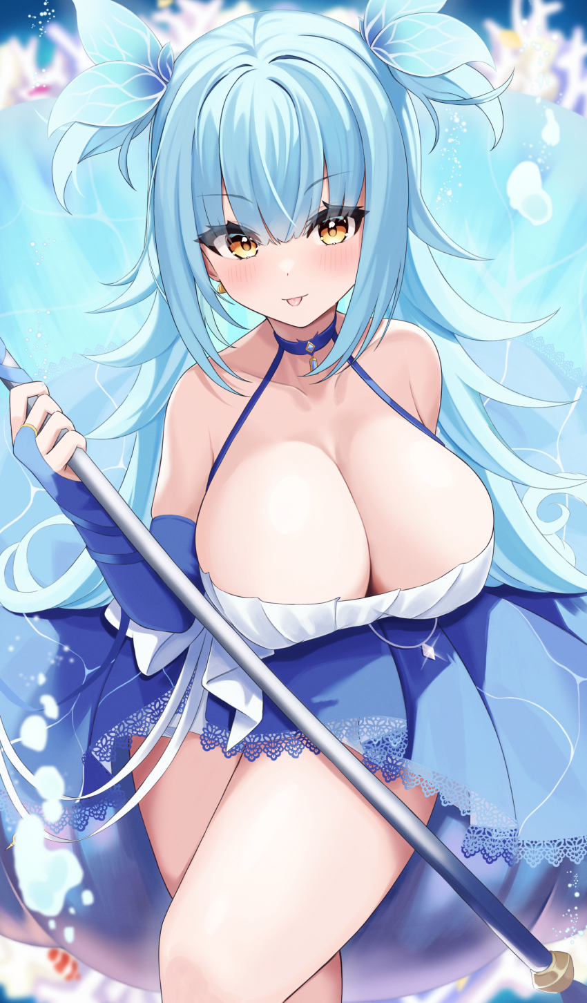 1girl, absurdres, azur_lane, bare_shoulders, blue_dress, blue_hair, blue_ribbon, blurry, blurry_background, breasts, bridal_gauntlets, bubble, cleavage, clownfish, collarbone, commission, coral, cowboy_shot, dress, earrings, elegant_(sumisumi4268), fish, highres, holding, holding_staff, jewelry, large_breasts, long_hair, neptune_(azur_lane), neptune_(nereid's_invitation)_(azur_lane), ribbon, skeb_commission, solo, staff, thighs, tongue, two_side_up, underwater, yellow_eyes