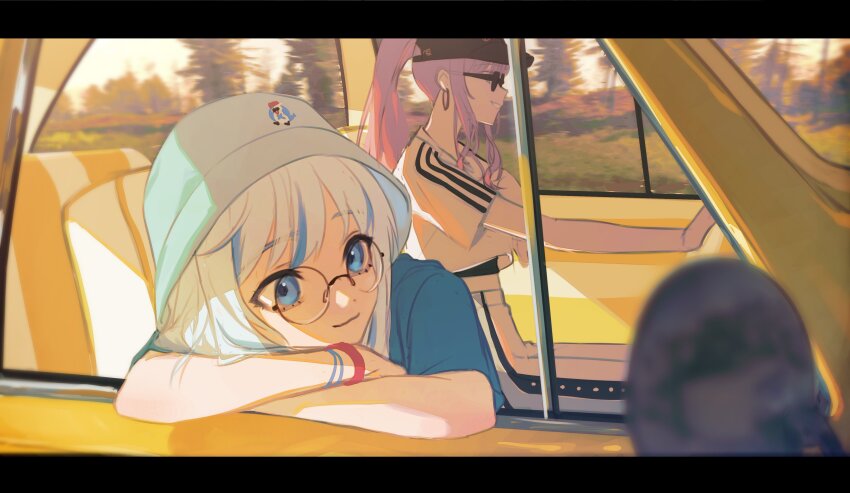 2girls, absurdres, baseball_cap, bloop_(gawr_gura), blue_eyes, blue_shirt, bucket_hat, car