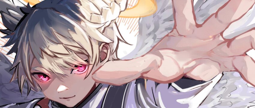 1boy, blonde_hair, closed_mouth, collared_shirt, commentary_request, feathered_wings, glowing, glowing_eyes